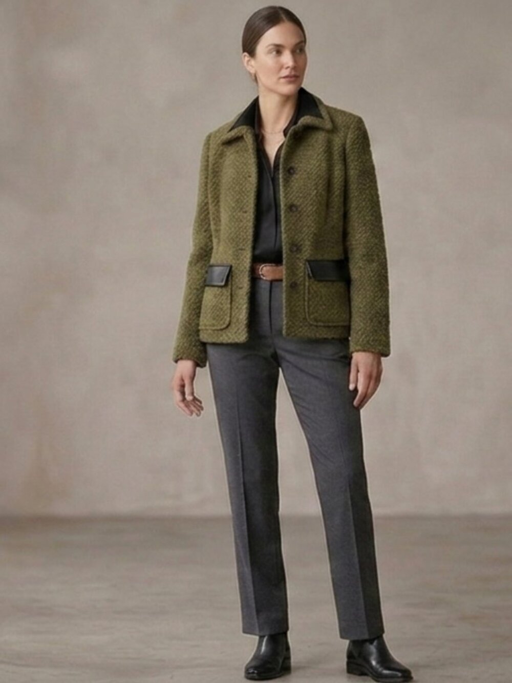 HARVE BENARD Vintage Boucle Peacoat Jacket Moss Green/Black Trim Women's Size 8